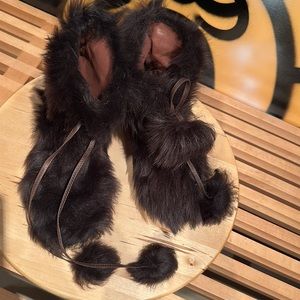 Viktor & Rolf brown fur booties with fur pom-pom ties size 6.5.